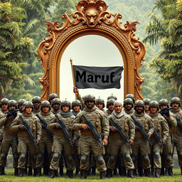 A fierce and determined army stands proudly in front of a large, ornate mirror, reflecting their power and unity