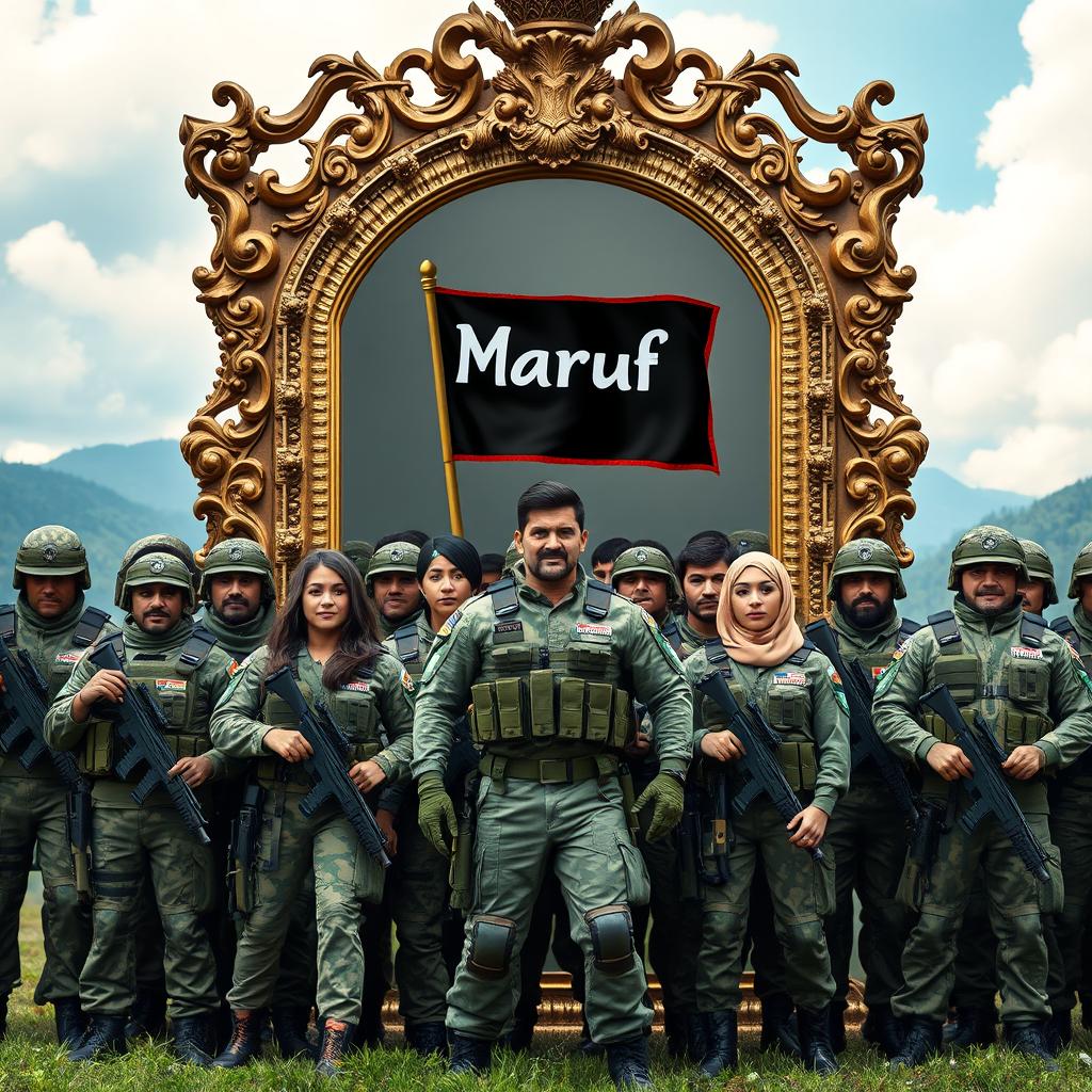 A fierce and determined army stands proudly in front of a large, ornate mirror, reflecting their power and unity