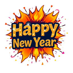 A vibrant and festive logo design for 'Happy New Year' featuring elements of a firewalk explosion