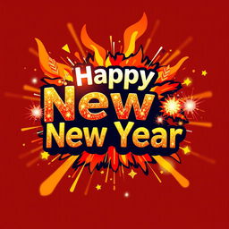 A vibrant and festive logo design for 'Happy New Year' featuring elements of a firewalk explosion