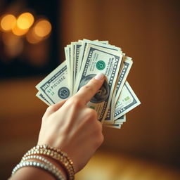 A close-up shot of a female hand gracefully holding a stack of U