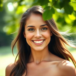 A beautiful portrait of a confident woman with an open face, showcasing her expressive features and sparkling eyes