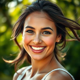 A beautiful portrait of a confident woman with an open face, showcasing her expressive features and sparkling eyes