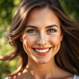 A beautiful portrait of a confident woman with an open face, showcasing her expressive features and sparkling eyes