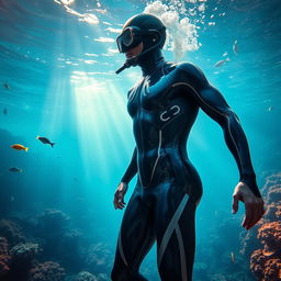 A figure wearing a sleek, form-fitting man's diving suit, which is designed to perfectly contour the body, emphasizing its shape while remaining entirely underwater