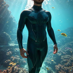 A figure wearing a sleek, form-fitting man's diving suit, which is designed to perfectly contour the body, emphasizing its shape while remaining entirely underwater