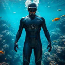 A figure wearing a sleek, form-fitting man's diving suit, which is designed to perfectly contour the body, emphasizing its shape while remaining entirely underwater