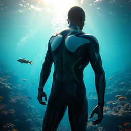 A figure wearing a sleek, form-fitting man's diving suit, which is designed to perfectly contour the body, emphasizing its shape while remaining entirely underwater