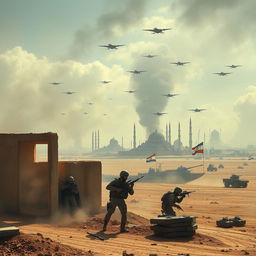 A dramatic scene depicting a conflict between Iran and Israel, with a focus on military strategy and geopolitical tension