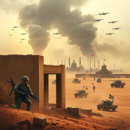 A dramatic scene depicting a conflict between Iran and Israel, with a focus on military strategy and geopolitical tension