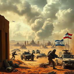A dramatic scene depicting a conflict between Iran and Israel, with a focus on military strategy and geopolitical tension