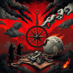 A detailed illustration of an abstract and conceptual representation of extremist ideologies, featuring symbolic elements like dark clouds, broken chains, and shadowy figures to emphasize a theme of oppression and fear