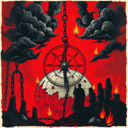 A detailed illustration of an abstract and conceptual representation of extremist ideologies, featuring symbolic elements like dark clouds, broken chains, and shadowy figures to emphasize a theme of oppression and fear
