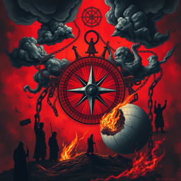 A detailed illustration of an abstract and conceptual representation of extremist ideologies, featuring symbolic elements like dark clouds, broken chains, and shadowy figures to emphasize a theme of oppression and fear