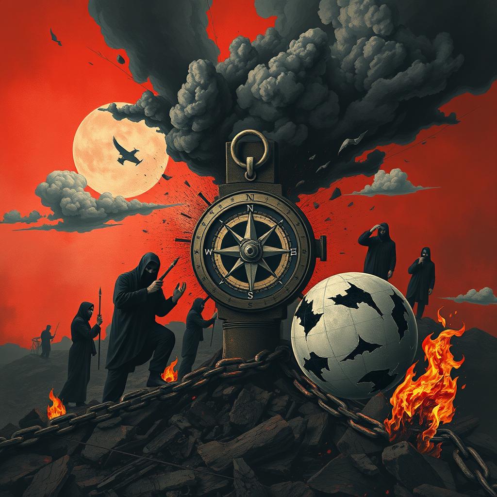 A detailed illustration of an abstract and conceptual representation of extremist ideologies, featuring symbolic elements like dark clouds, broken chains, and shadowy figures to emphasize a theme of oppression and fear
