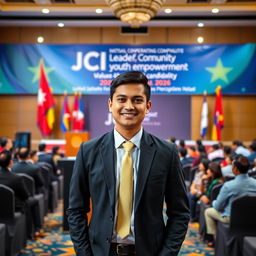 A portrait of the 2026 National President candidate of JCI Nepal, showcasing a confident young leader in a formal suit, standing proudly in front of the JCI Nepal banner