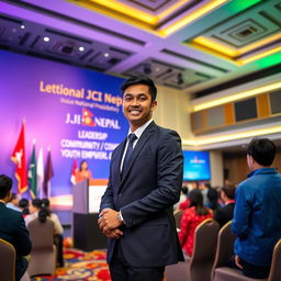 A portrait of the 2026 National President candidate of JCI Nepal, showcasing a confident young leader in a formal suit, standing proudly in front of the JCI Nepal banner