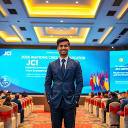 A portrait of the 2026 National President candidate of JCI Nepal, showcasing a confident young leader in a formal suit, standing proudly in front of the JCI Nepal banner