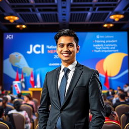 A portrait of the 2026 National President candidate of JCI Nepal, showcasing a confident young leader in a formal suit, standing proudly in front of the JCI Nepal banner