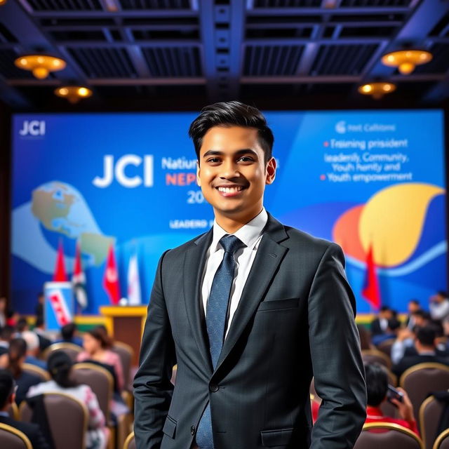 A portrait of the 2026 National President candidate of JCI Nepal, showcasing a confident young leader in a formal suit, standing proudly in front of the JCI Nepal banner