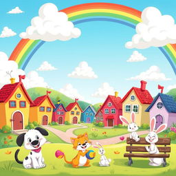 A vibrant and whimsical cartoon landscape featuring a bright blue sky with fluffy white clouds, a colorful rainbow arching across the scene, and a happy village full of cute, cartoonish houses with exaggerated features like oversized doors and windows