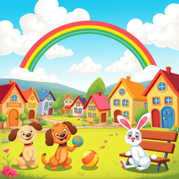 A vibrant and whimsical cartoon landscape featuring a bright blue sky with fluffy white clouds, a colorful rainbow arching across the scene, and a happy village full of cute, cartoonish houses with exaggerated features like oversized doors and windows
