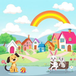 A vibrant and whimsical cartoon landscape featuring a bright blue sky with fluffy white clouds, a colorful rainbow arching across the scene, and a happy village full of cute, cartoonish houses with exaggerated features like oversized doors and windows