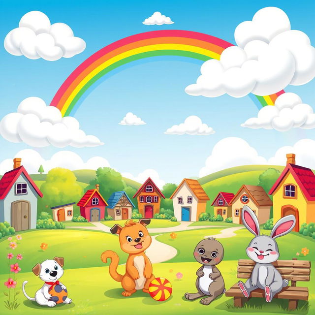 A vibrant and whimsical cartoon landscape featuring a bright blue sky with fluffy white clouds, a colorful rainbow arching across the scene, and a happy village full of cute, cartoonish houses with exaggerated features like oversized doors and windows