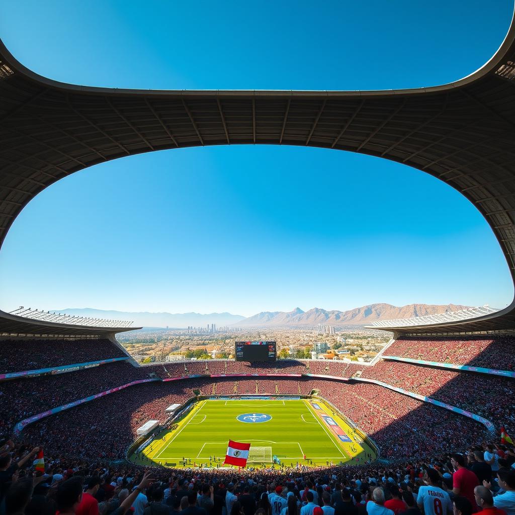 A detailed view of Azadi Stadium in Tehran, Iran, showcasing its iconic arch and grand structure