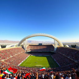 A detailed view of Azadi Stadium in Tehran, Iran, showcasing its iconic arch and grand structure