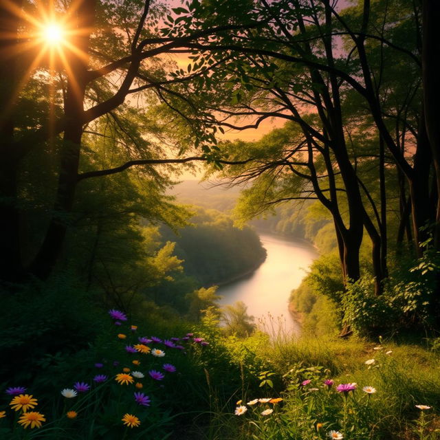 A serene, picturesque background showcasing a lush forest during the golden hour, with sunlight filtering through the leaves, casting soft shadows on the forest floor