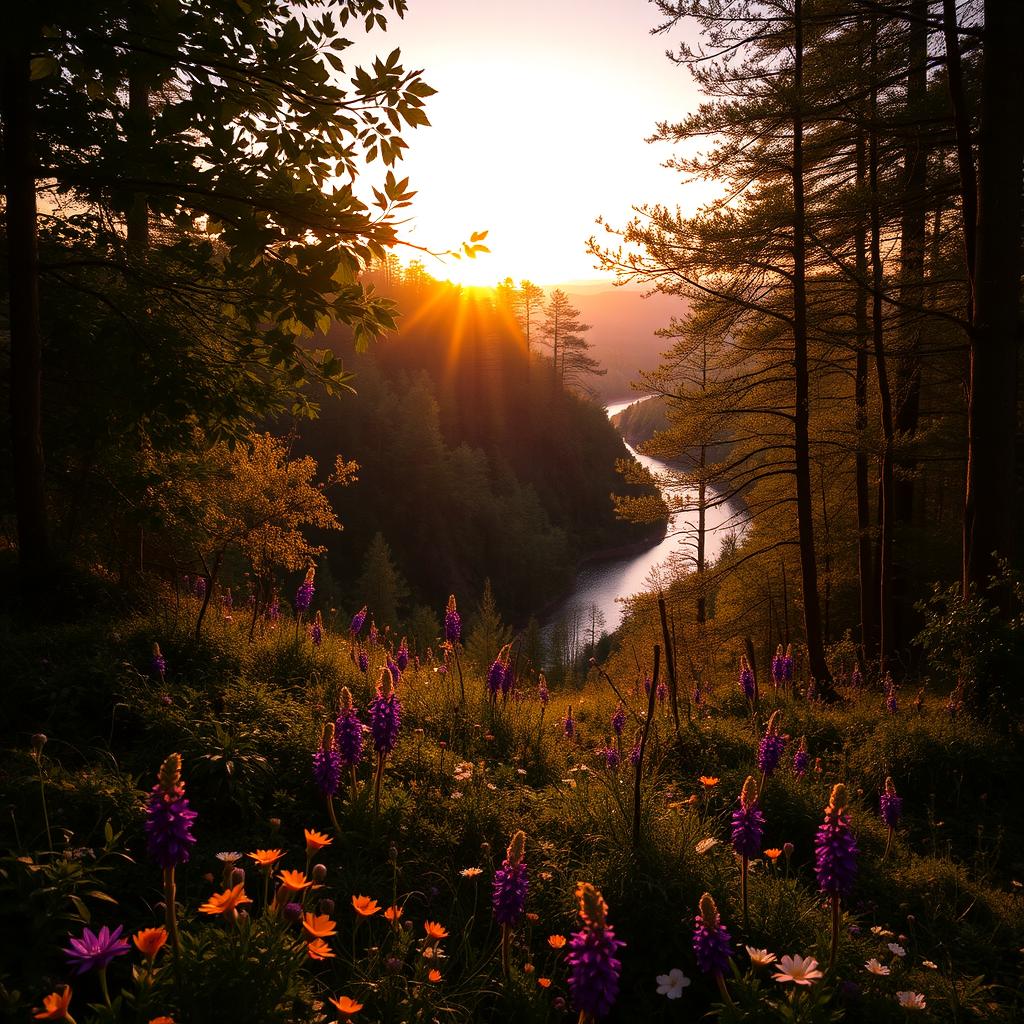 A serene, picturesque background showcasing a lush forest during the golden hour, with sunlight filtering through the leaves, casting soft shadows on the forest floor