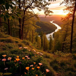A serene, picturesque background showcasing a lush forest during the golden hour, with sunlight filtering through the leaves, casting soft shadows on the forest floor