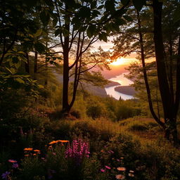 A serene, picturesque background showcasing a lush forest during the golden hour, with sunlight filtering through the leaves, casting soft shadows on the forest floor