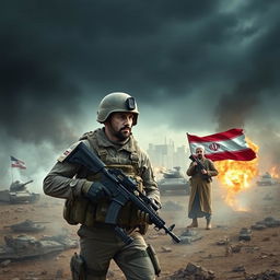A dramatic and intense scene depicting a confrontation between the military forces of Iran and the USA