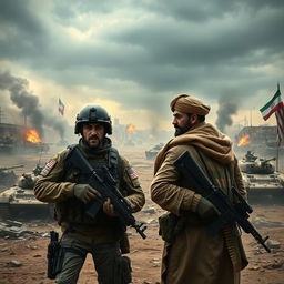 A dramatic and intense scene depicting a confrontation between the military forces of Iran and the USA