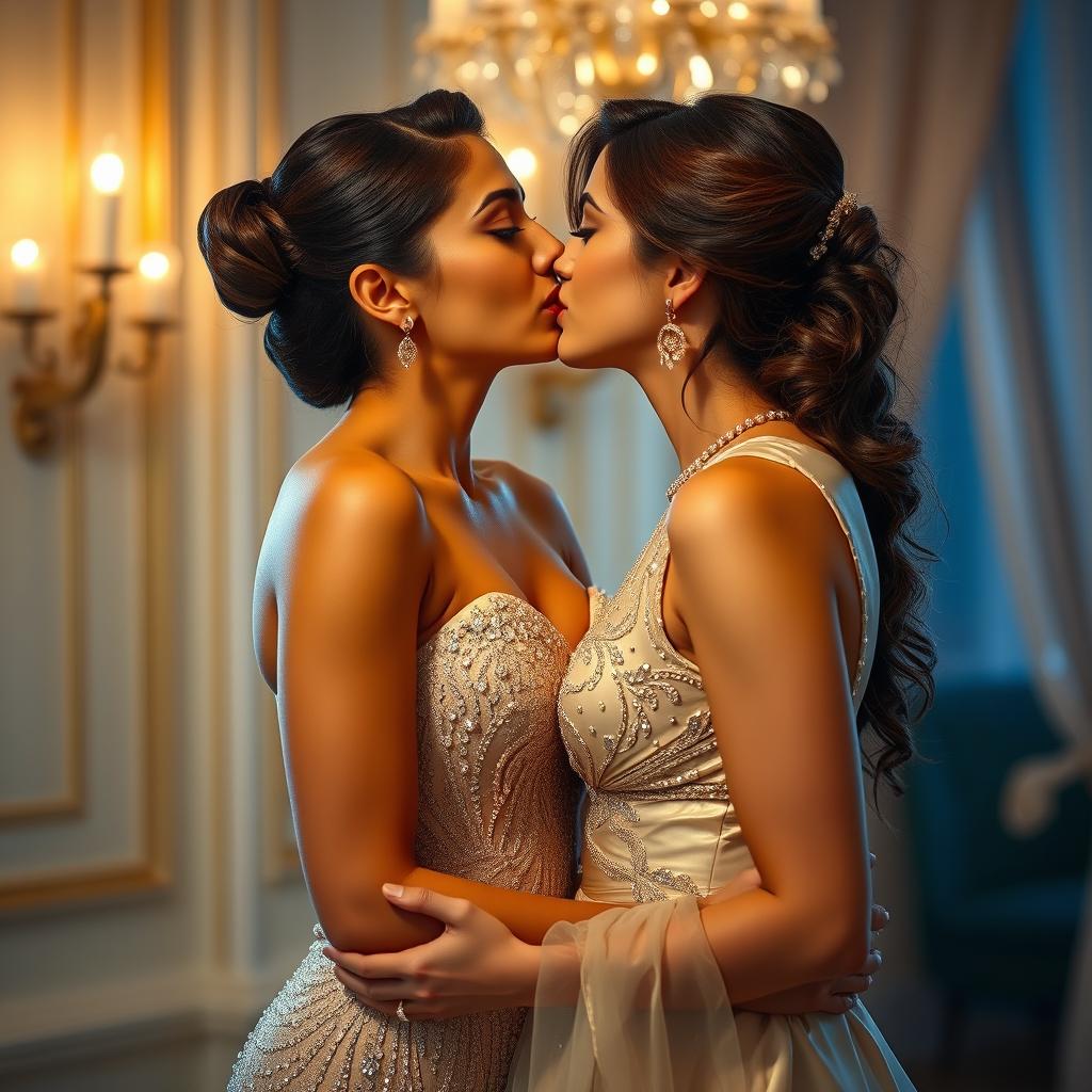 A romantic scene featuring two beautiful women, Kiara Advani and Kareena Kapoor Khan, passionately kissing