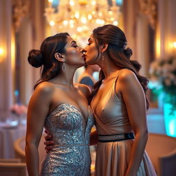 A romantic scene featuring two beautiful women, Kiara Advani and Kareena Kapoor Khan, passionately kissing