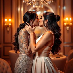 A romantic scene featuring two beautiful women, Kiara Advani and Kareena Kapoor Khan, passionately kissing