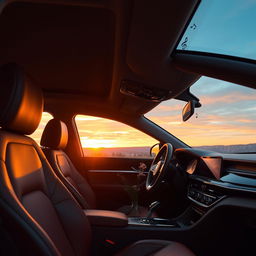 A cozy and inviting interior of a car showcasing plush leather seats, ambient lighting, and a picturesque view from the windows