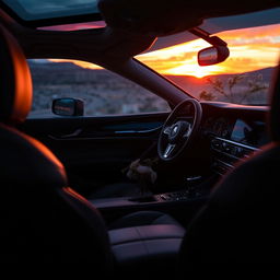 A cozy and inviting interior of a car showcasing plush leather seats, ambient lighting, and a picturesque view from the windows