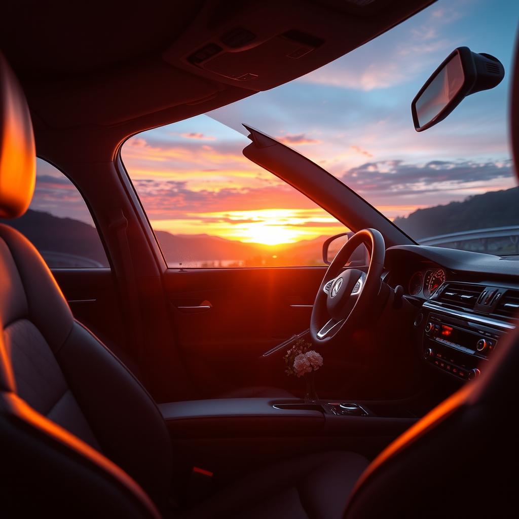 A cozy and inviting interior of a car showcasing plush leather seats, ambient lighting, and a picturesque view from the windows