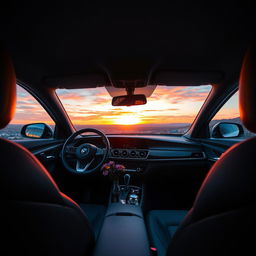 A cozy and inviting interior of a car showcasing plush leather seats, ambient lighting, and a picturesque view from the windows