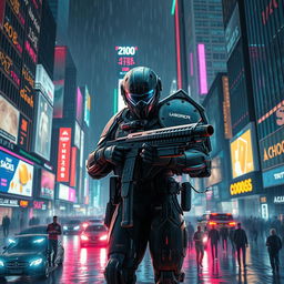 A futuristic cyberpunk soldier in a densely populated cityscape set in the year 2100