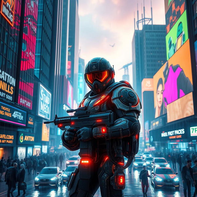 A futuristic cyberpunk soldier in a densely populated cityscape set in the year 2100