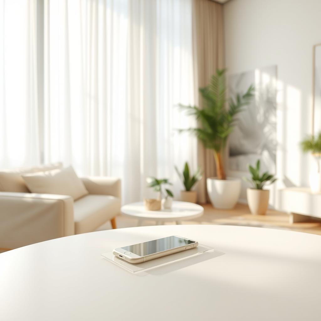 An interior scene featuring a modern, minimalist design with a simple white cell phone placed on a sleek white surface