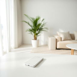 An interior scene featuring a modern, minimalist design with a simple white cell phone placed on a sleek white surface