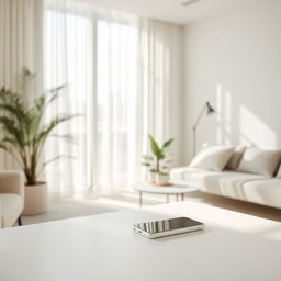 An interior scene featuring a modern, minimalist design with a simple white cell phone placed on a sleek white surface