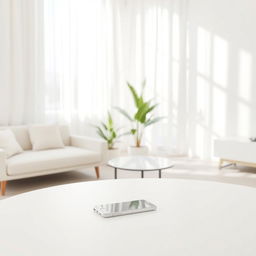 An interior scene featuring a modern, minimalist design with a simple white cell phone placed on a sleek white surface