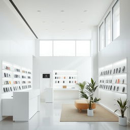 An interior view of a modern cell phone shop designed with a simple and minimalist aesthetic